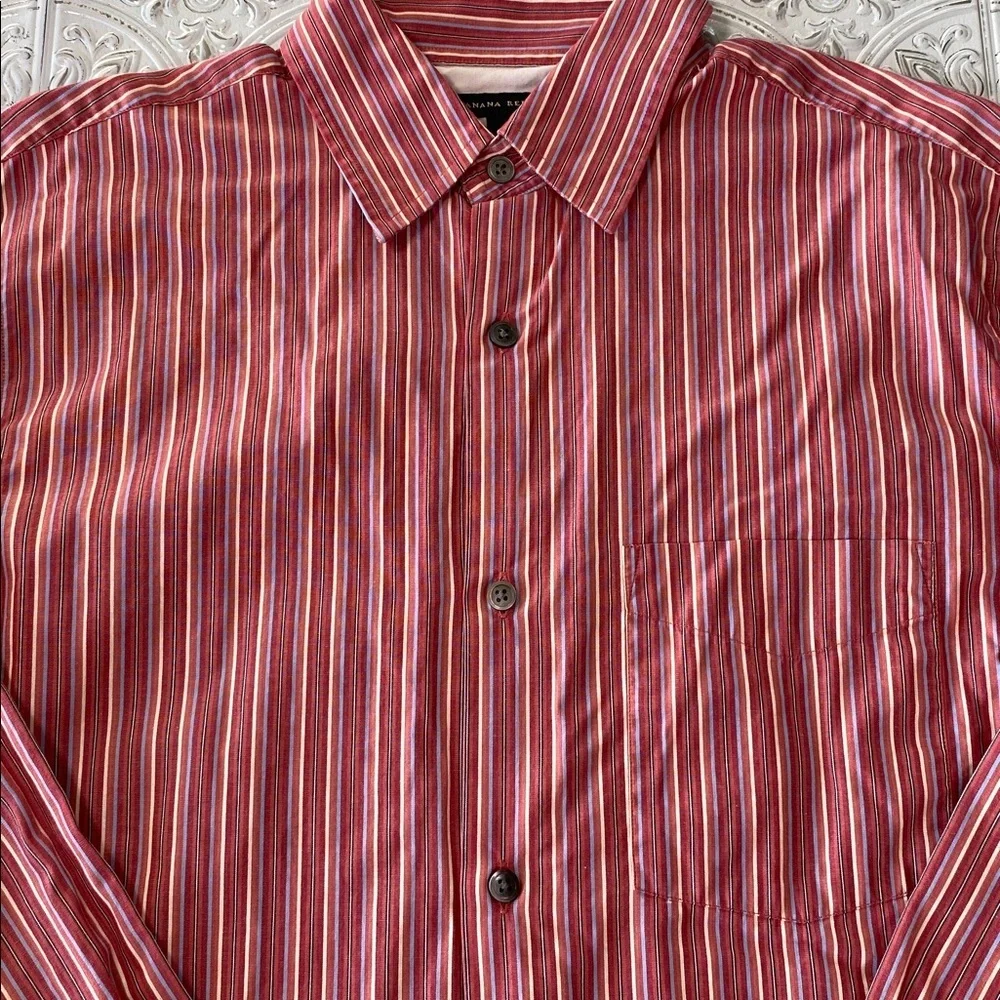 Banana Republic Mens Dress Shirt Coral Pink Striped Small